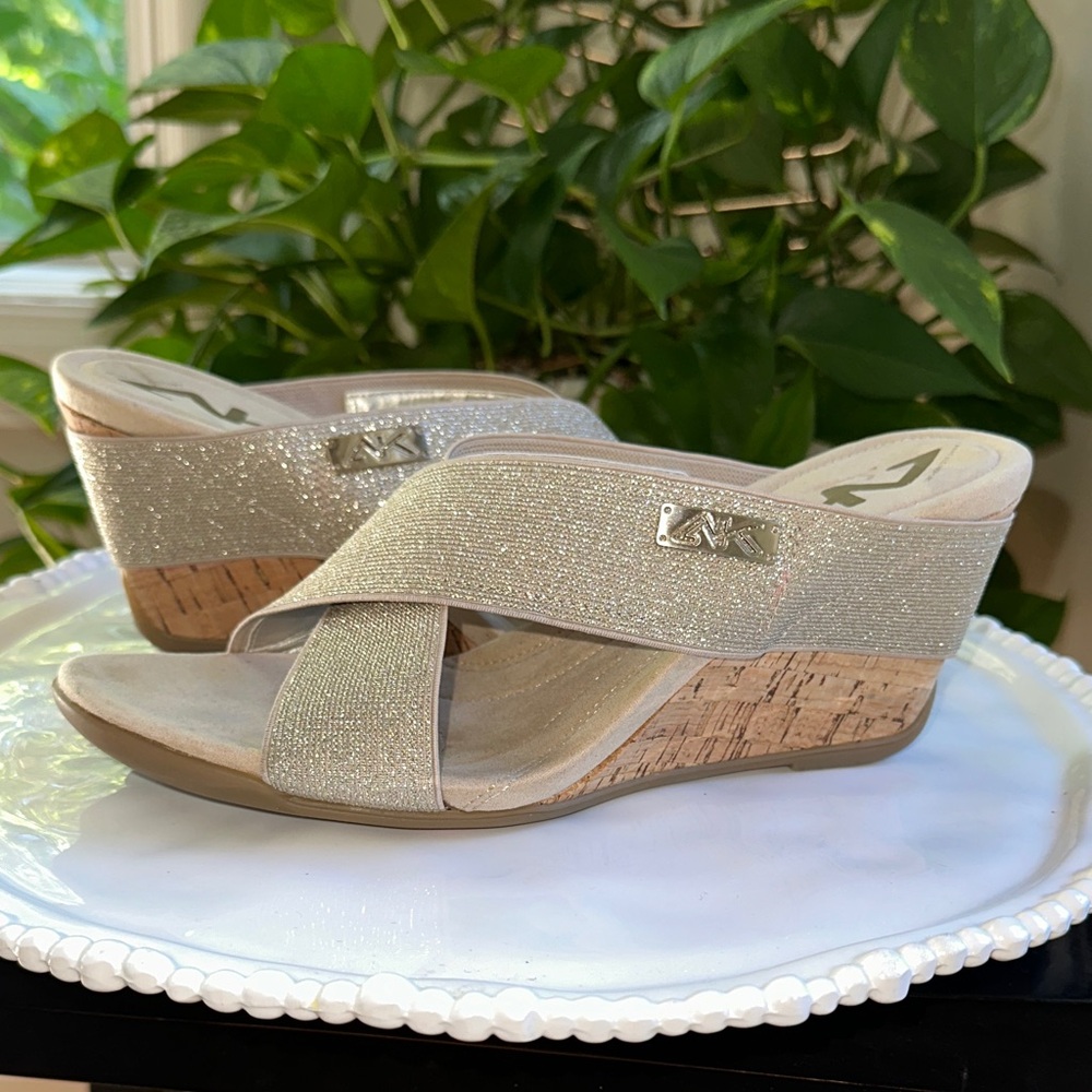 Anne Klein Sport Shimmering Gold Silver Cork Wedges